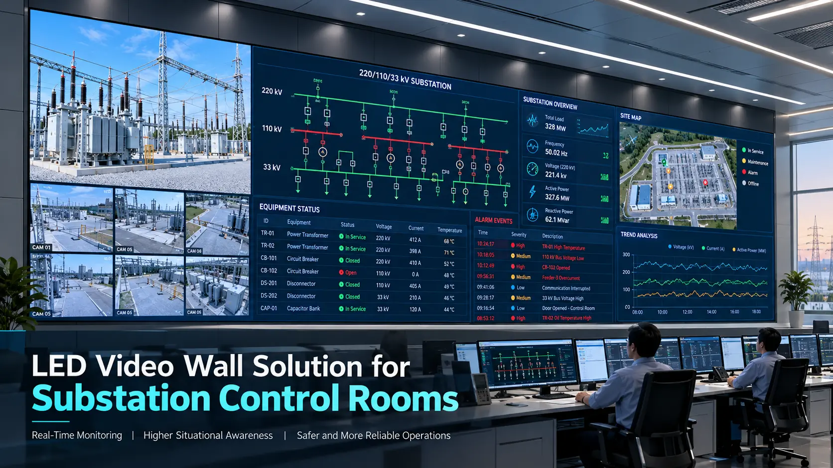 حل حائط فيديو LED لغرف التحكم في المحطات الفرعية يعرض مراقبة SCADA وموجزات CCTV والإنذارات وحالة المعدات وبيانات التشغيل في الوقت الفعلي